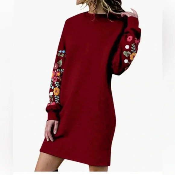 Vintage Floral Shirt Dress Casual Long Sleeve Crew Neck Loose Fit In Burgundy